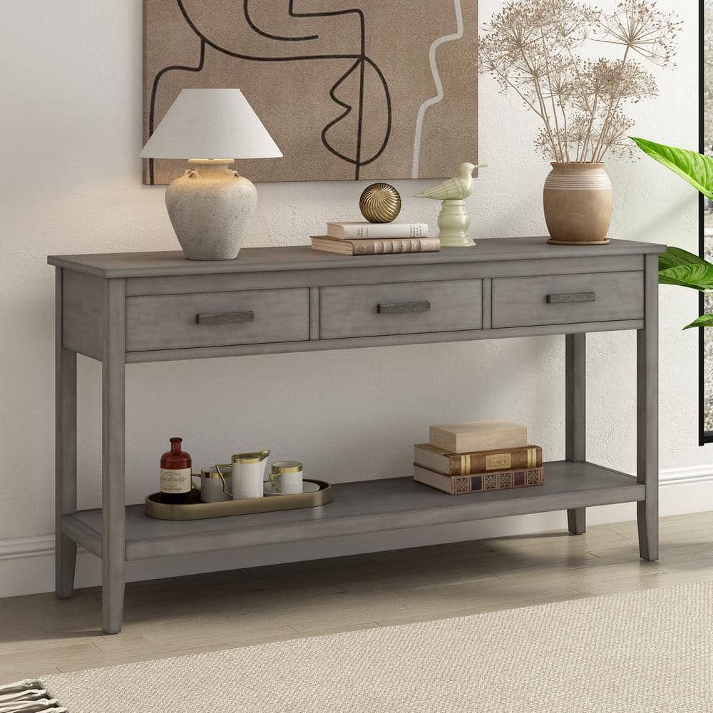 Harper & Bright Designs 59.1 In. Gray Rectangle Wood Console Table With 3 Drawers And Bottom ... within Bellport Wood Console Table With Shelf, Gray, 30X14X30