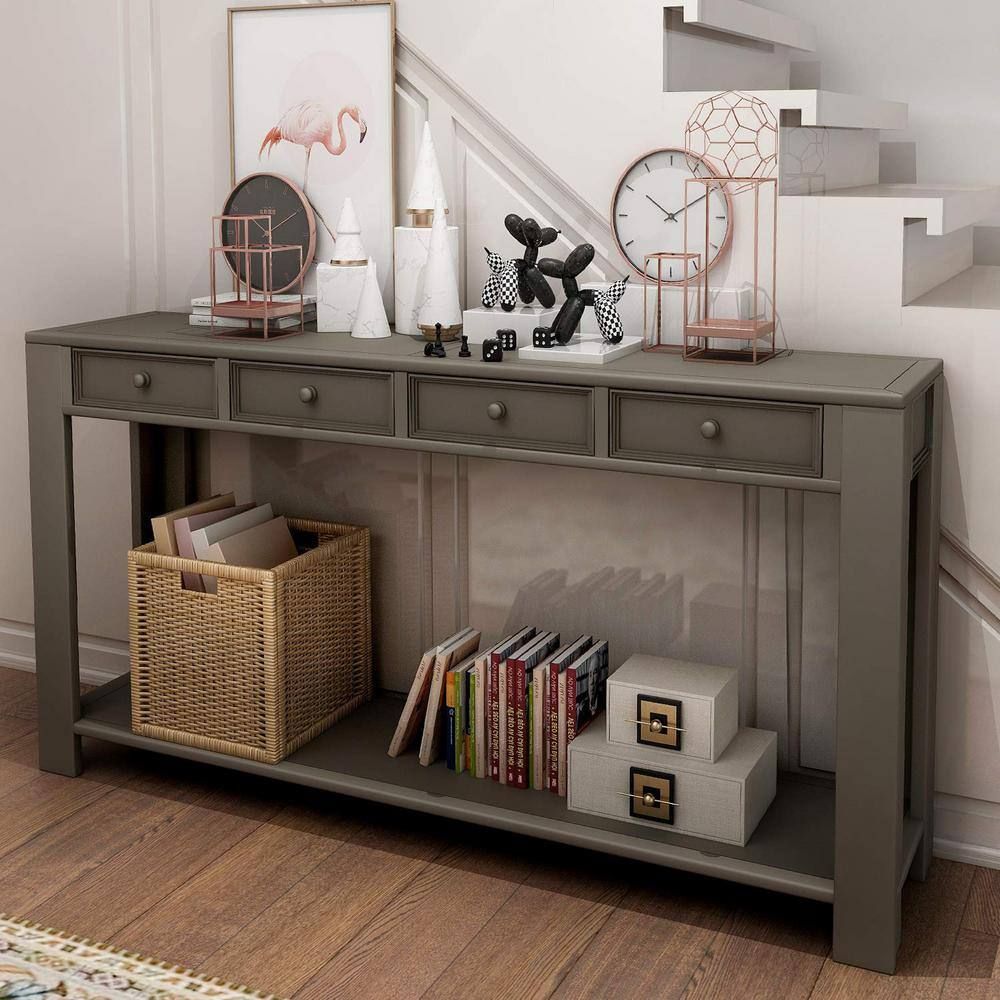 Harper & Bright Designs 64 In. Gray Standard Rectangle Wood Console ... within Traditional Wood Console Table With Storage Drawers And Lower Display Shelf, Gray