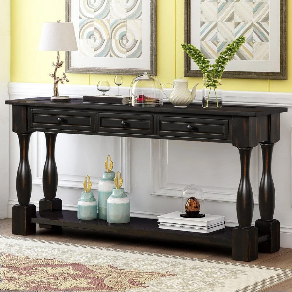 Harper & Bright Designs 65 In. Espresso Standard Rectangle Wood Console ... throughout Gdf Studio 60 Inches V-Base Wood Console Table, Black