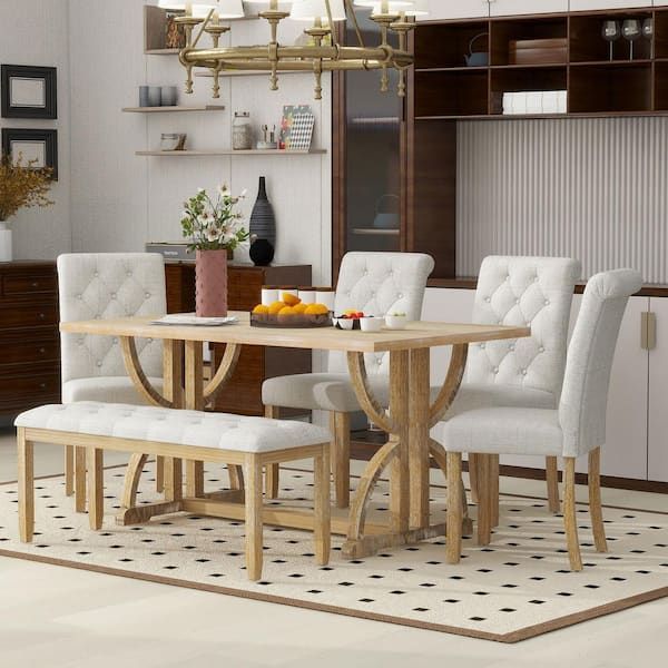 Harper & Bright Designs Retro Style 6-Piece Natural Wood Wash Wood Rectangle Dining Table Set ... with regard to Surya Selene Eee-002 Table Set, Natural