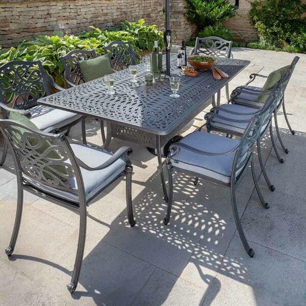 Hartman Capri 8 Seat Patio Dining Set In Antique Grey for Maximizing space efficiency with the Freda 8 seater aluminum dining solution