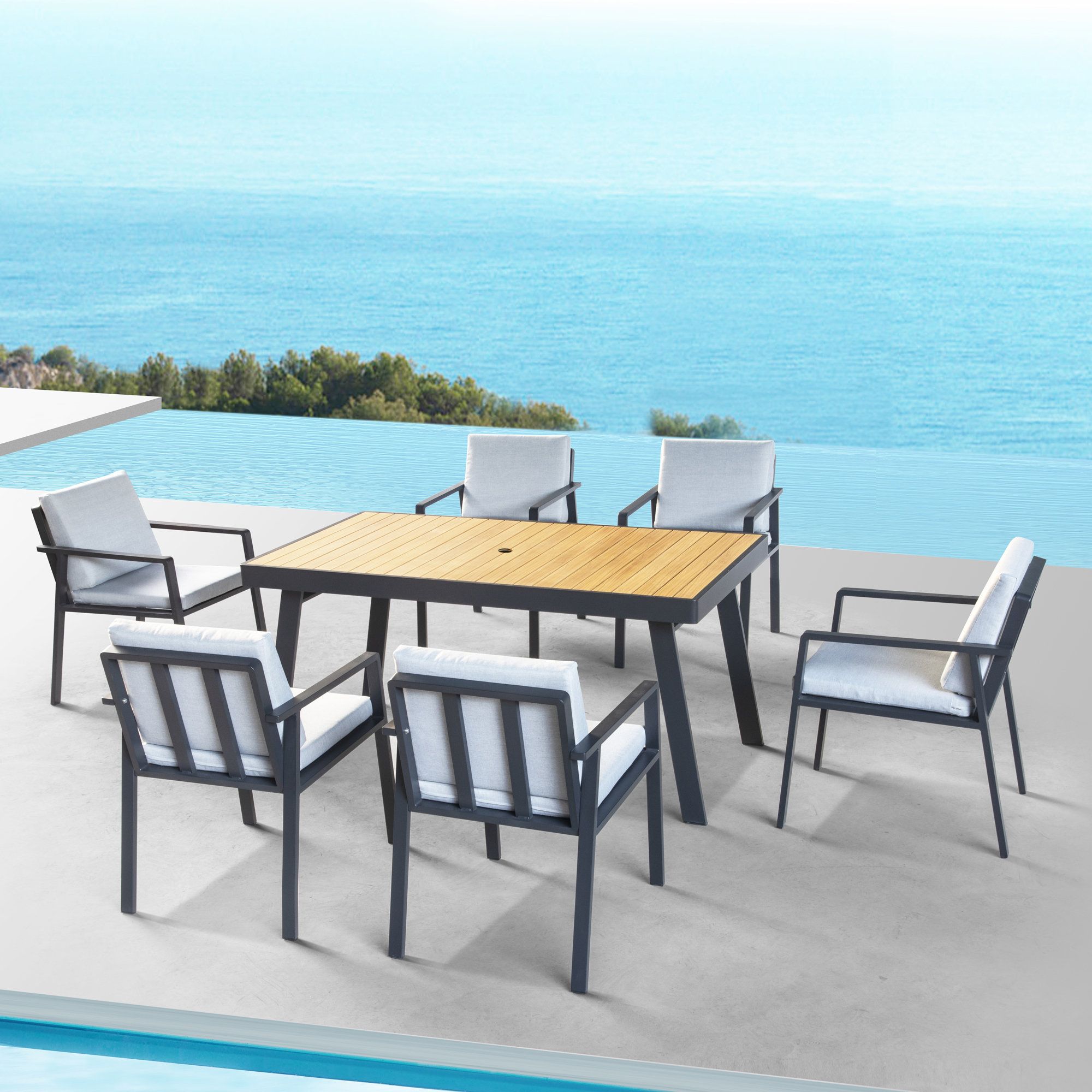 Higold 6801 Nofi Patio Furniture, 6+1 Piece Outdoor Dining Set ... within Higold 4+1 Piece Outdoor Aluminum Patio Dining Set With Teak Finish Table