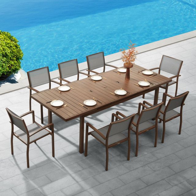 Higold Carlo 8+1 Pieces Extendable Aluminum Outdoor Dining Set, Wood ... for Designing outdoor spaces with teak finish dining sets