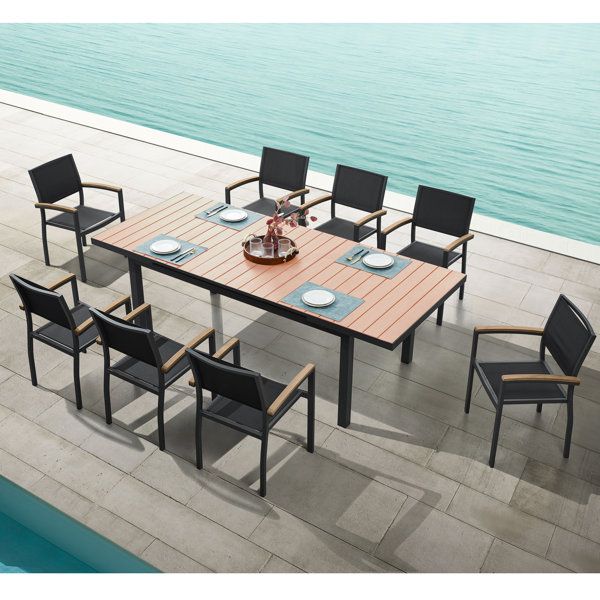Higold Carlo Extendable 8 - Person Outdoor Dining Set, Faux Wood ... pertaining to Carlo Extend Imitated Wood Outdoor Dining Set For 8, Patio Party Furniture
