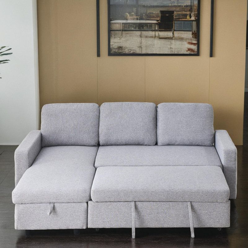 Hokku Designs 2 - Piece Upholstered Sleeper Sectional Sofa Bed | Wayfair inside Upholstered Sleeper Sectional Sofa With 4 Pillows, Gray