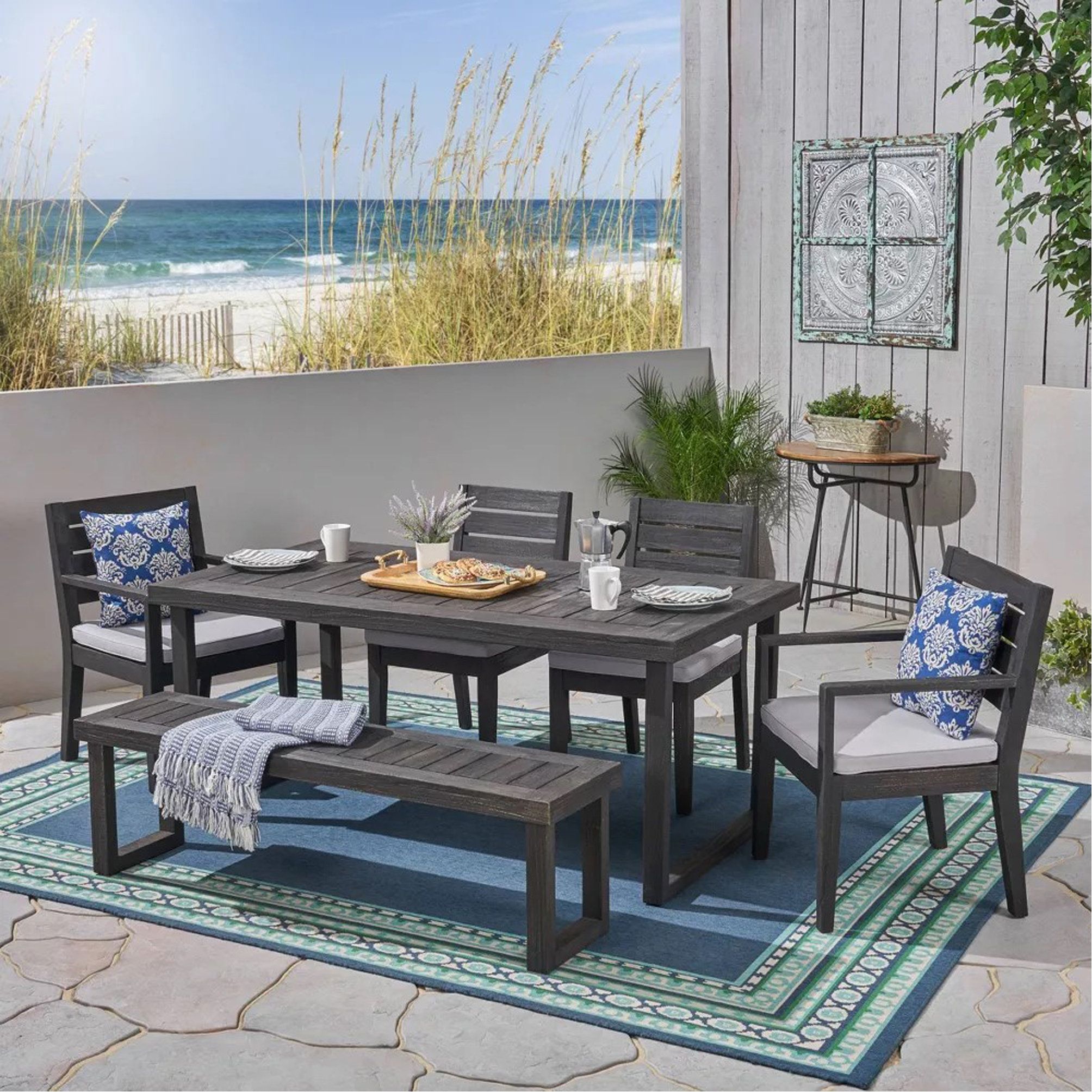 Hokku Designs Outdoor 6-Seater Acacia Wood Dining Set With Bench, Dark ... for Phoebe Outdoor 6 Seater Acacia Wood Dining Set, Gray Finish, Dark Gray