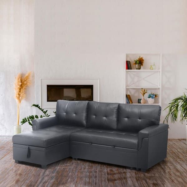 Homestock 78 In. W. Dark Gray, Reversible Faux Leather Sleeper ... within Nathan Dark Gray Reversible Sleeper Sectional Sofa With Storage Chaise, Usb...