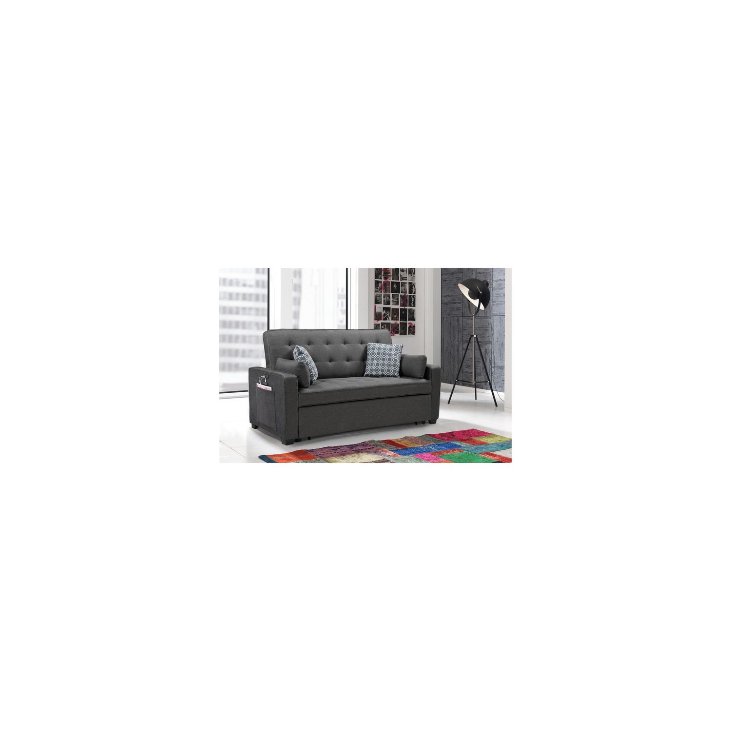 Homestock Country Cottage Modern Gray Fabric Sleeper Sofa With Usb ... inside William Modern Gray Fabric Sleeper Sofa With 2 Usb Charging Ports And 4...