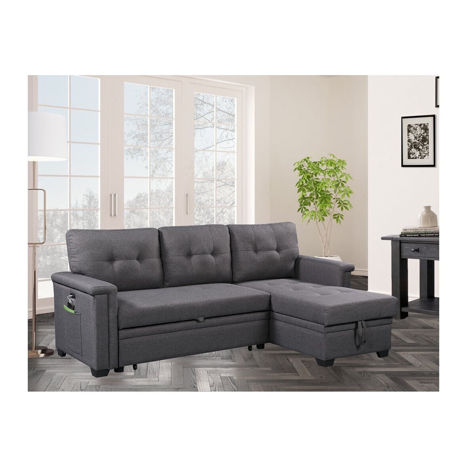 Homestock Elegant Escape Dark Gray Reversible Sleeper Sectional Sofa ... pertaining to Colton Dark Gray Woven Reversible Sleeper Sectional Sofa With Storage Chaise
