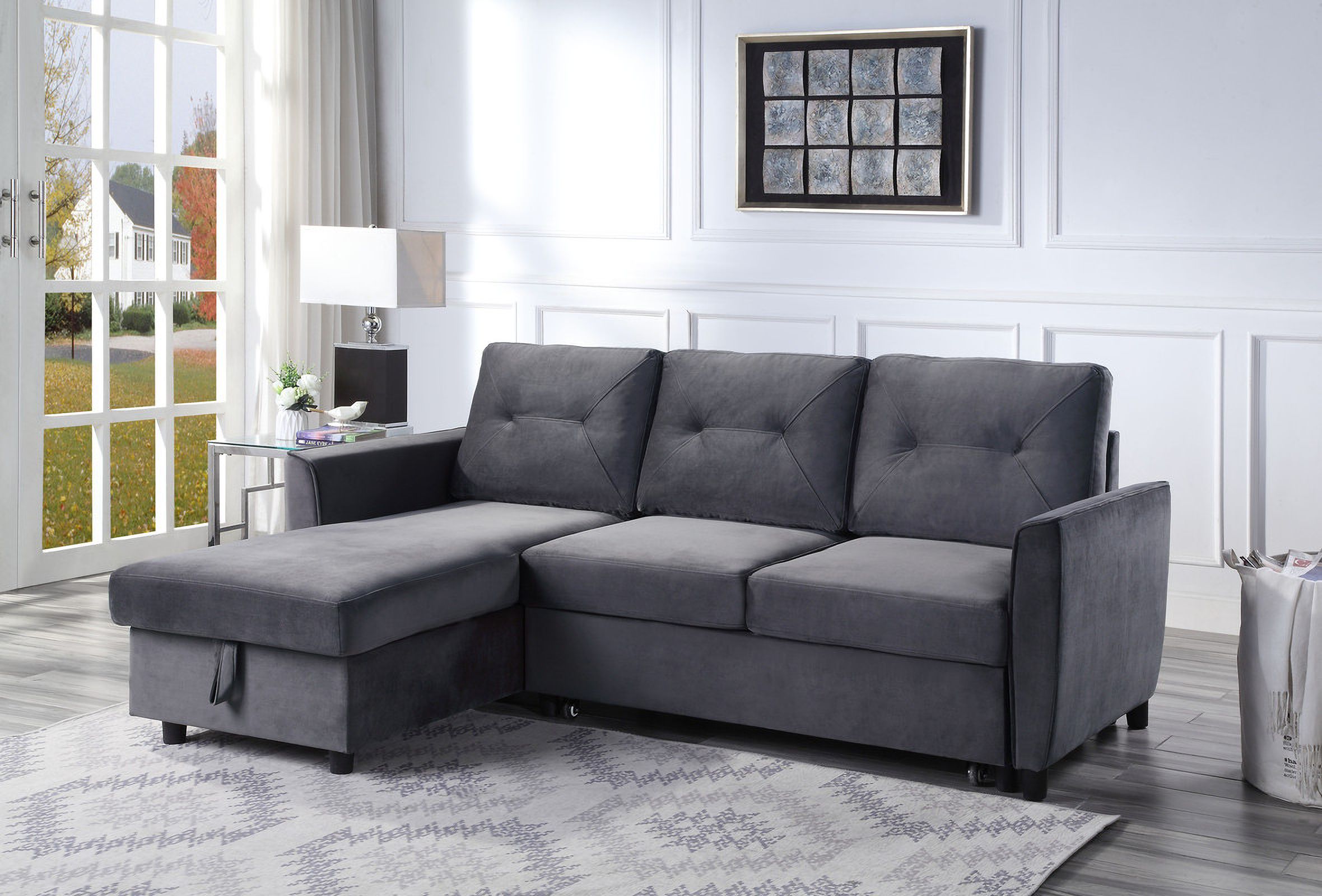 Hudson Dark Gray Velvet Reversible Sleeper Sectional Sofa With Storage ... intended for Ivy Dark Gray Velvet Reversible Sleeper Sectional Sofa With Storage Chaise
