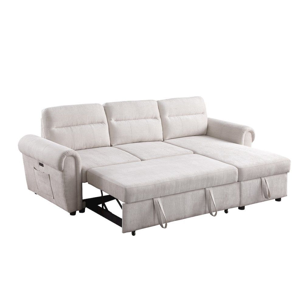 Hugoo 97"W Beige Chenille Reversible Sleeper Sectional Sofa Chaise W ... throughout Hugo 97"W Chenille Reversible Sleeper Sectional Sofa Chaise, Beige