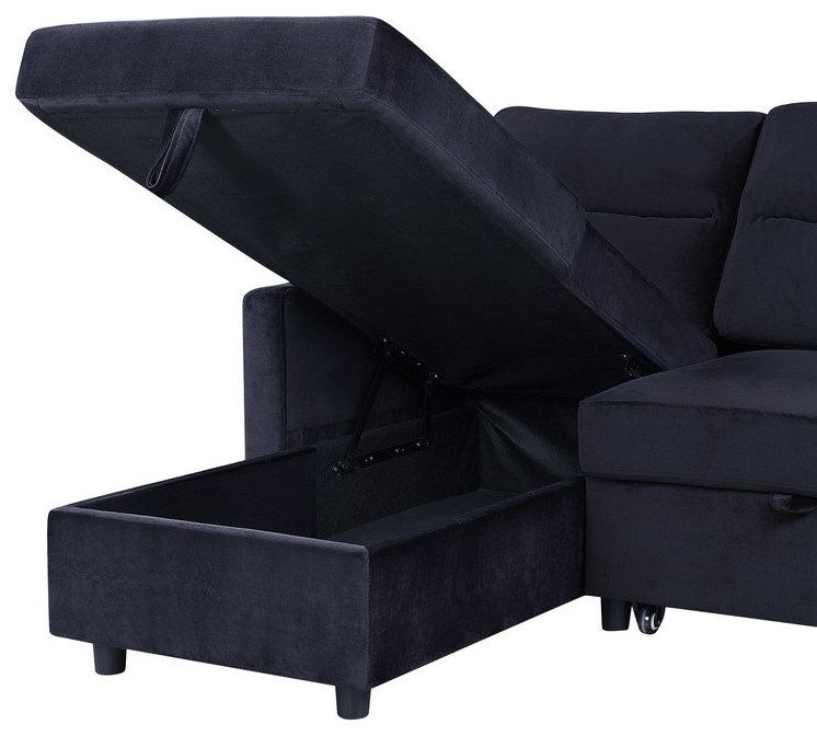Ivy Black Velvet Reversible Sleeper Sectional Sofa, Storage Chaise ... with regard to Understanding the Versatility of Ivy Dark Gray Velvet Reversible Sleeper Sectional Sofa With Storage Chaise