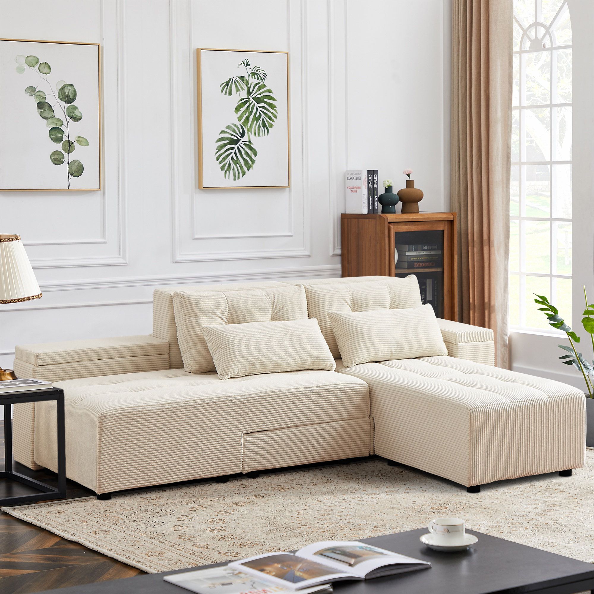 Ivy Bronx Upholstered Sleeper Sectional Sofa Tufted Back With Hidden ... throughout Upholstered Sleeper Sectional Sofa With 4 Pillows, Camel
