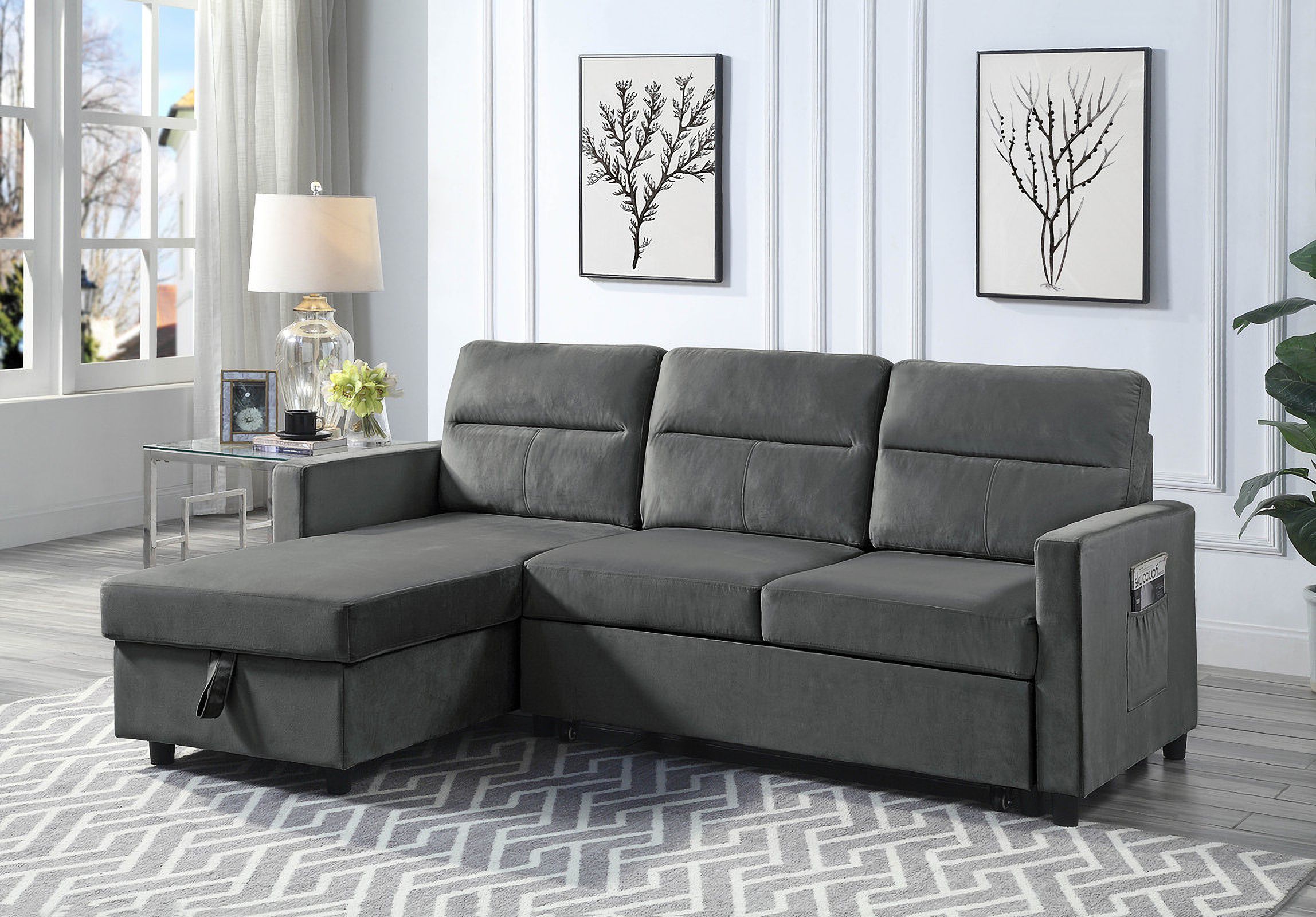 Ivy Dark Gray Velvet Reversible Sleeper Sectional Sofa With Storage ... intended for The Versatile Pemberly Row Dark Gray Sectional How It Transforms Spaces