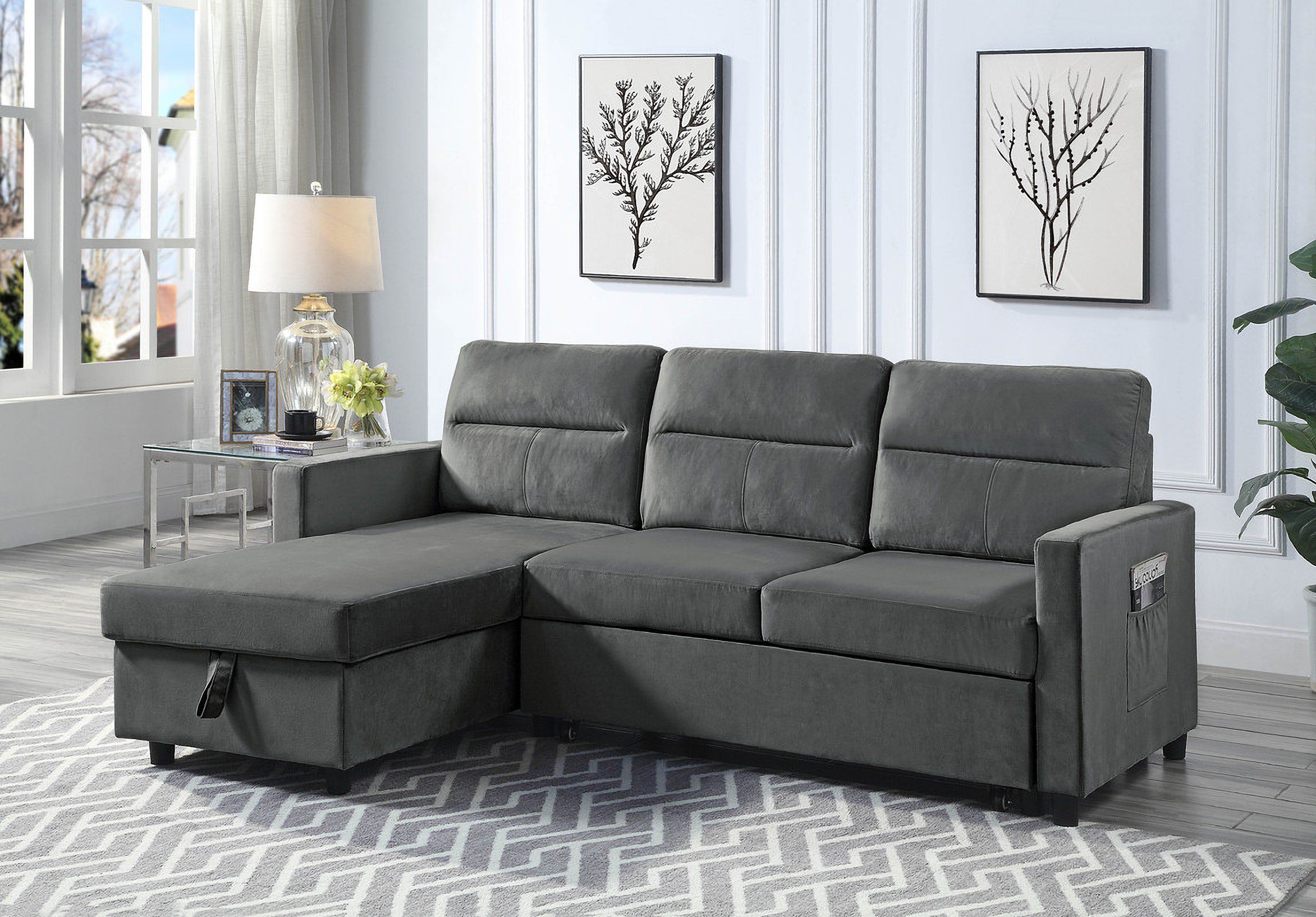 Ivy Dark Gray Velvet Reversible Sleeper Sectional Sofa With Storage ... pertaining to Ivy Dark Gray Velvet Reversible Sleeper Sectional Sofa With Storage Chaise