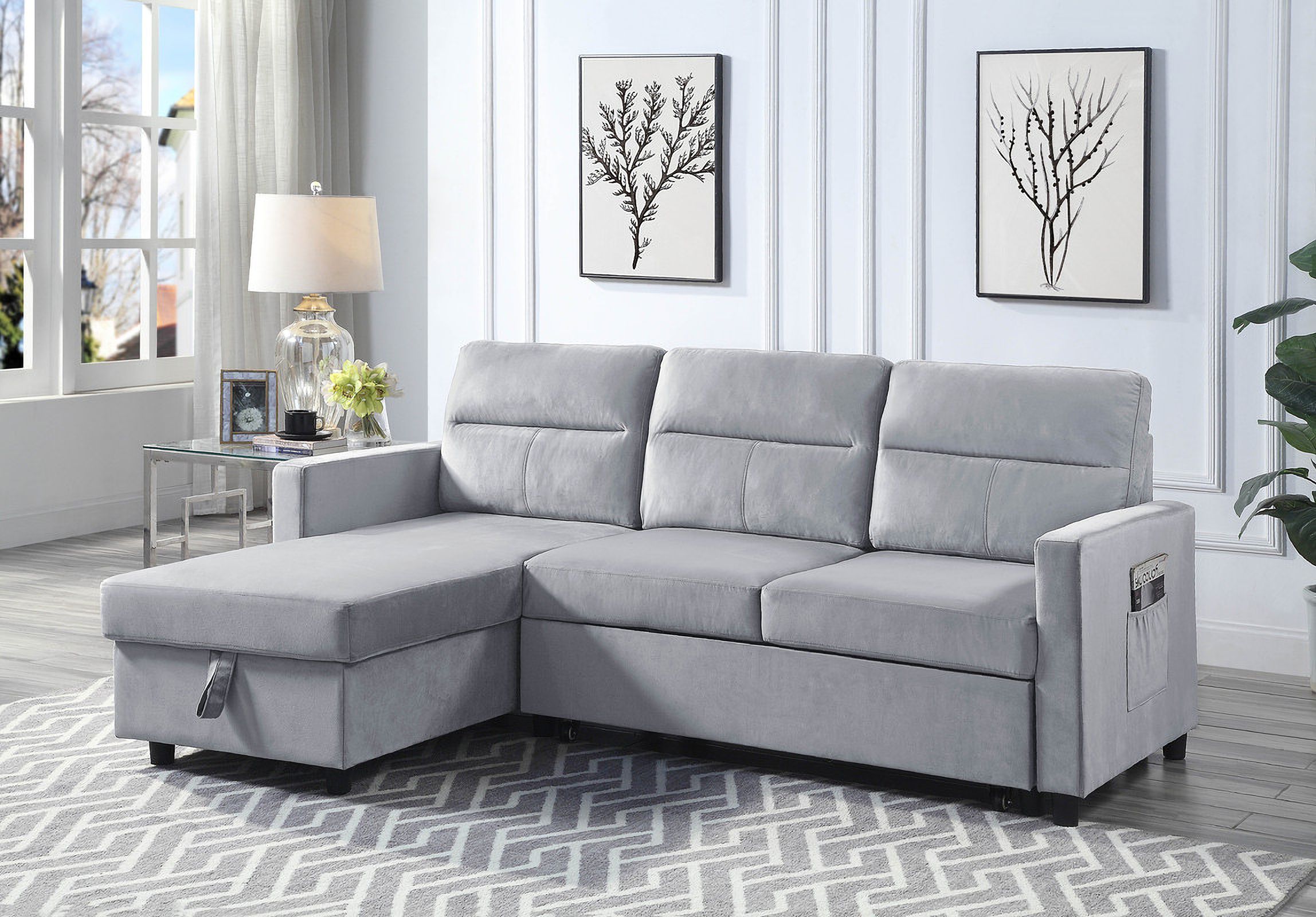 Ivy Light Gray Velvet Reversible Sleeper Sectional Sofa With Storage ... inside Integrating Your Ivy Light Gray Velvet Sectional into Your Living Space