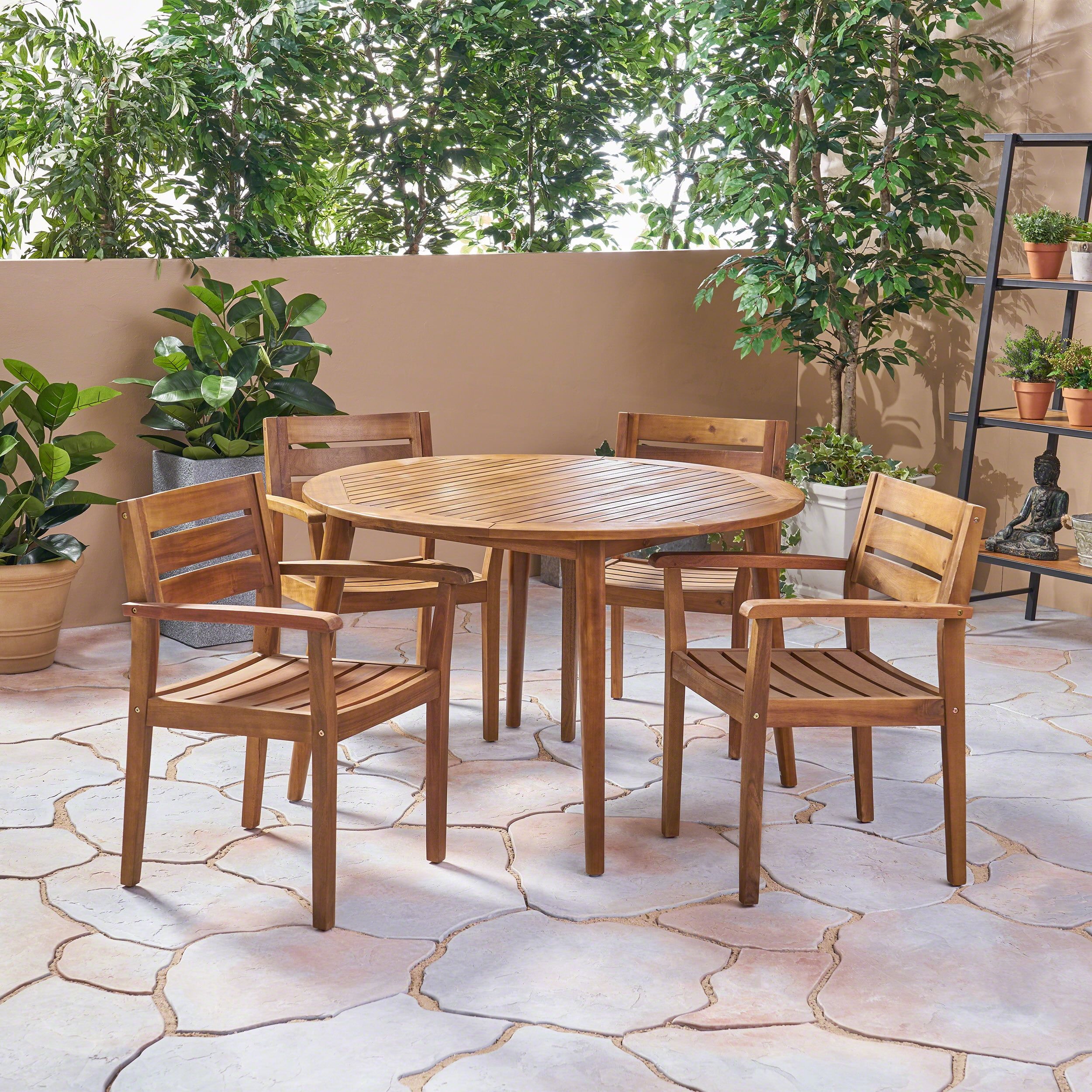 Jaxson Outdoor 5 Piece Acacia Wood Round Dining Set, Teak - Walmart.com with Chloe Outdoor 5 Piece Acacia Wood Dining Set With Round Table, Gray/Creme