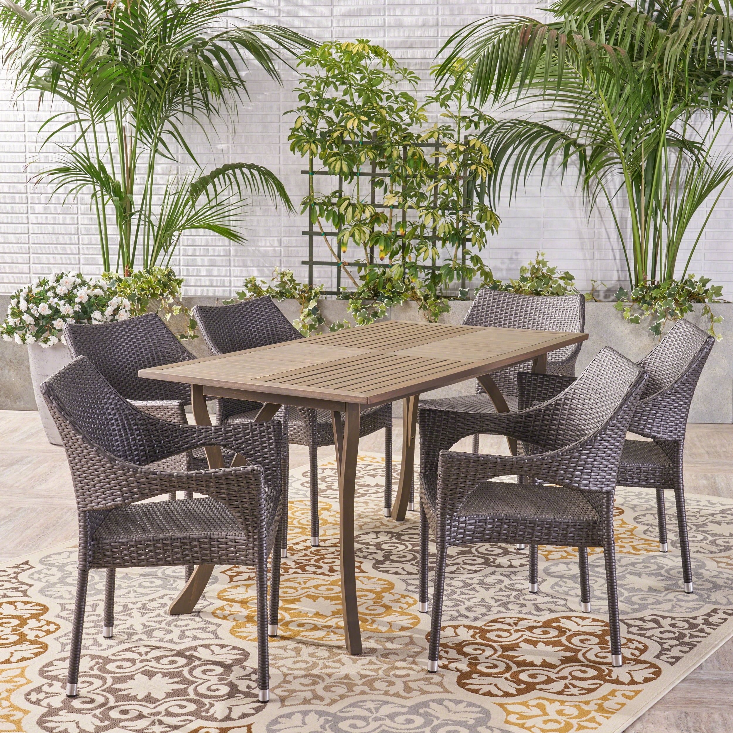 Jesus Outdoor 7 Piece Wood And Wicker Dining Set, Gray, Gray - Walmart.com with Cassie 8 Seater Wood And Wicker Dining Set, Gray Finish, Gray