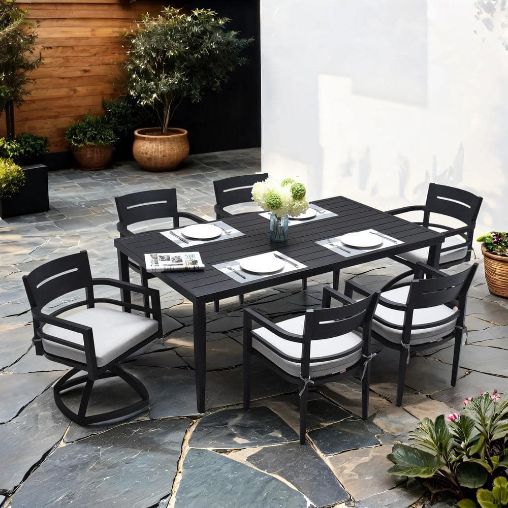 Jimsmaison 7-Piece Ember Black Aluminum Outdoor Dining Set With Gray ... intended for 5-Piece French Quarter Outdoor Dining Set, Black Steel