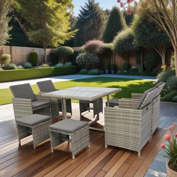 Jimsmaison 9-Piece Wicker Outdoor Dining Set With Grey Cushions ... within Junction 9-Piece Outdoor Wicker Rattan Dining Set, Gray White