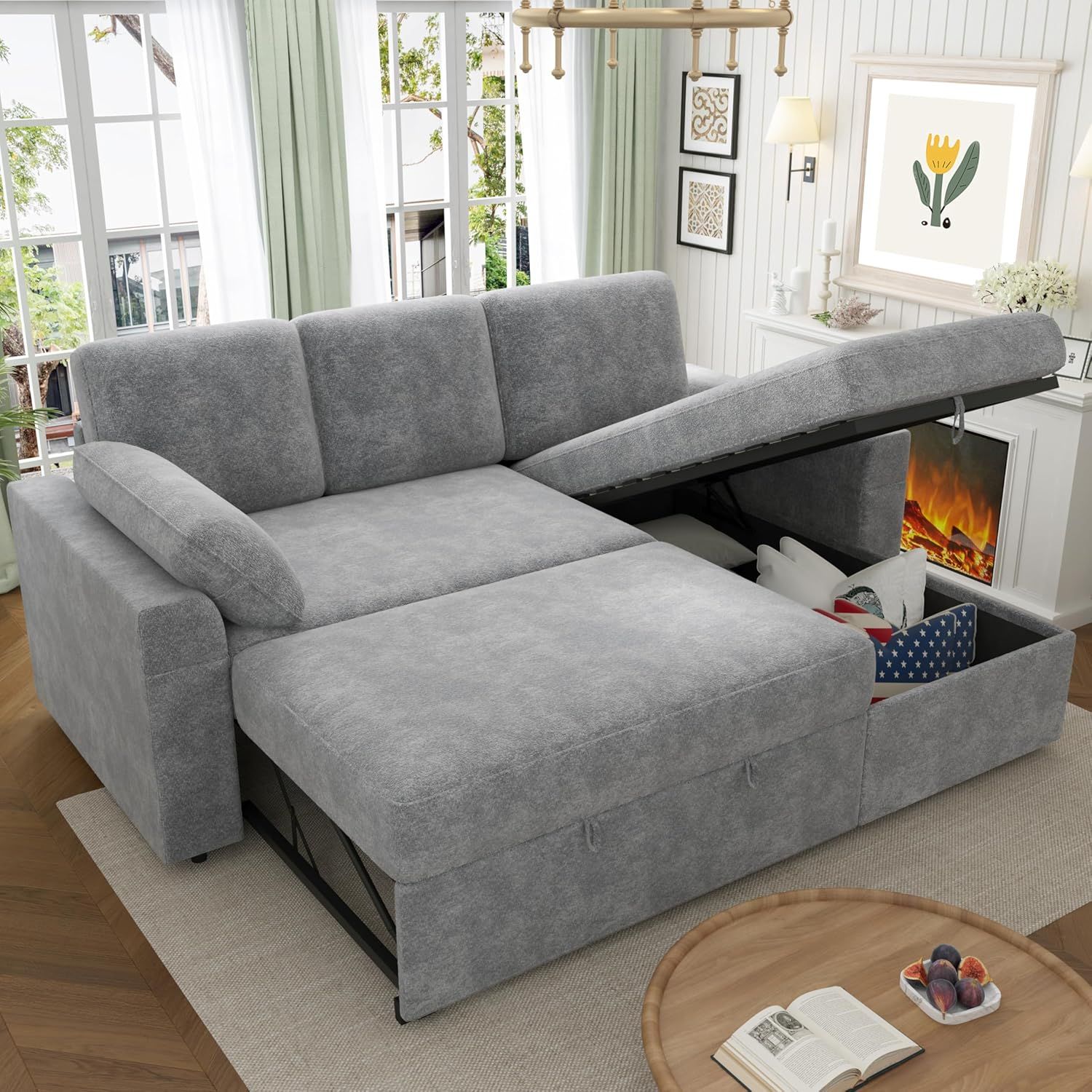 Jocisland Sofa Bed Sleeper Pull Out 2 In 1 Sectional Sleeper Sofa Couches 3 Seat Chaise With ... with regard to Pull Out Sleeper Sofa &amp; Chaise, Gray