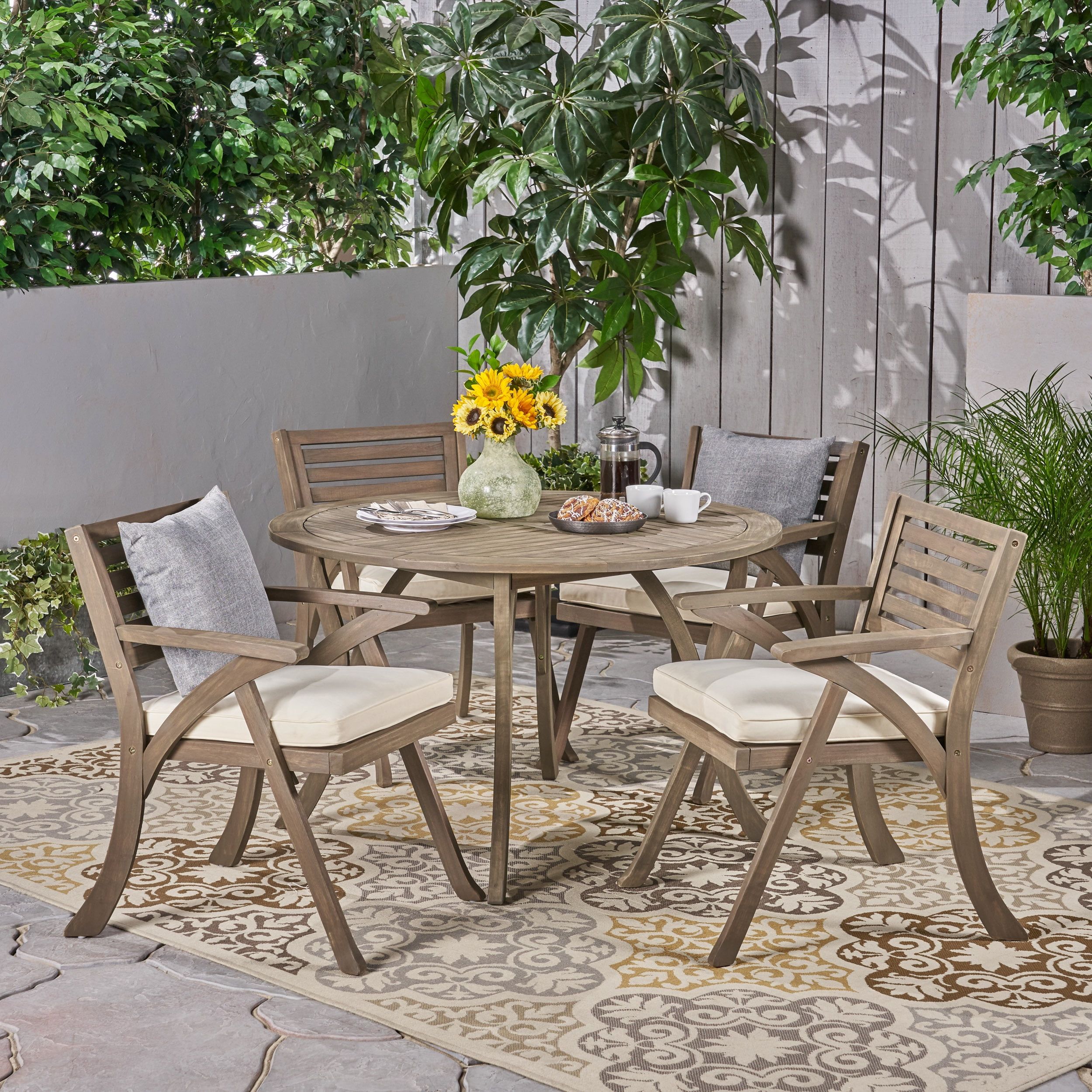 Jordy Outdoor 5 Piece Acacia Wood Dining Set With Round Table, Gray ... throughout Understanding the Appeal of Circular Acacia Wood Tables