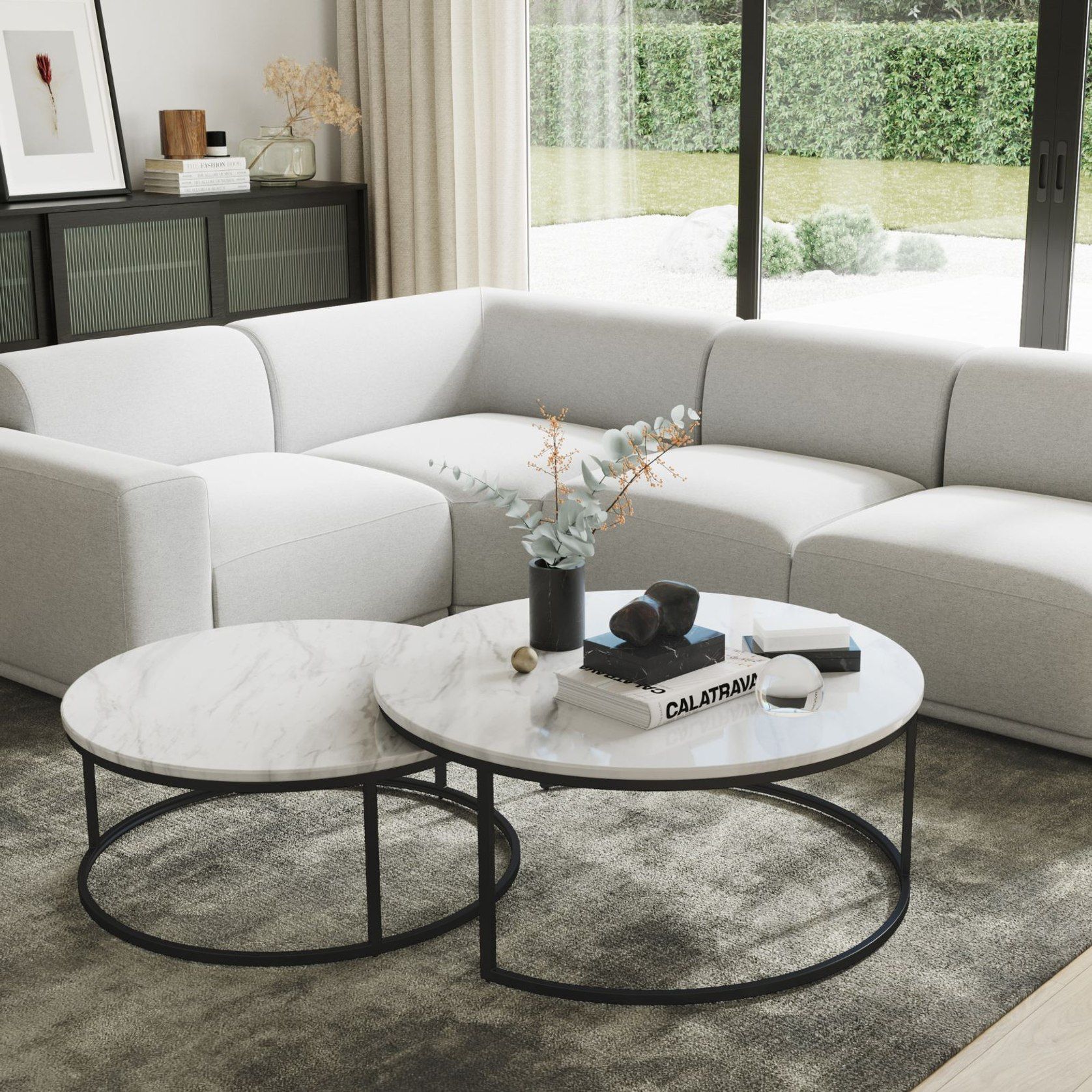 Khloe White Marble Round Nest Coffee Table | Black | Archipro Au regarding Styling Your Living Room with the Versatile Safavieh Peppino Coffee Table