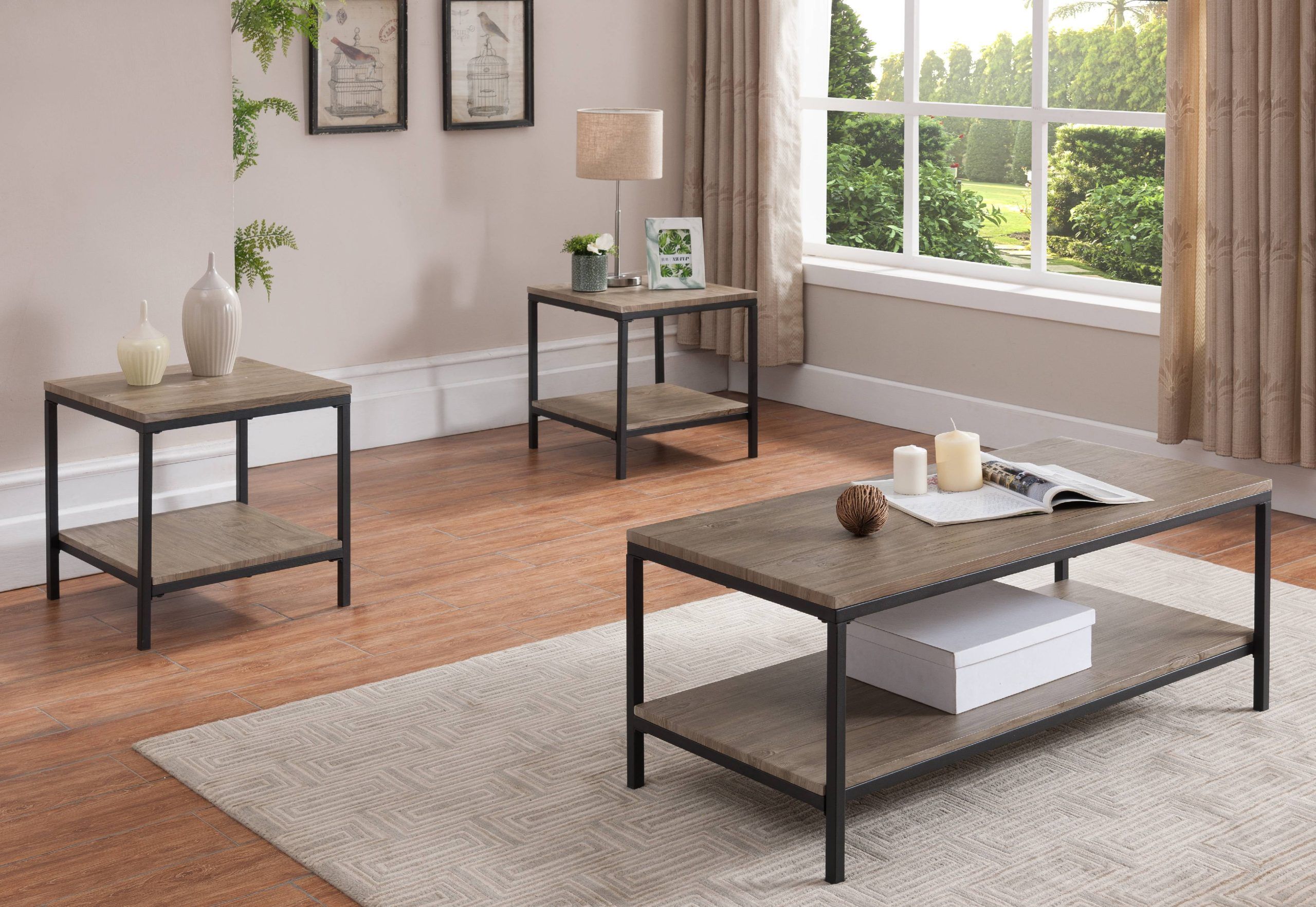 Kinley 3 Piece Coffee Table Set, Gray Wood & Black Metal, Industrial ... intended for Table Set 3-Piece Set, Black, Gray Top