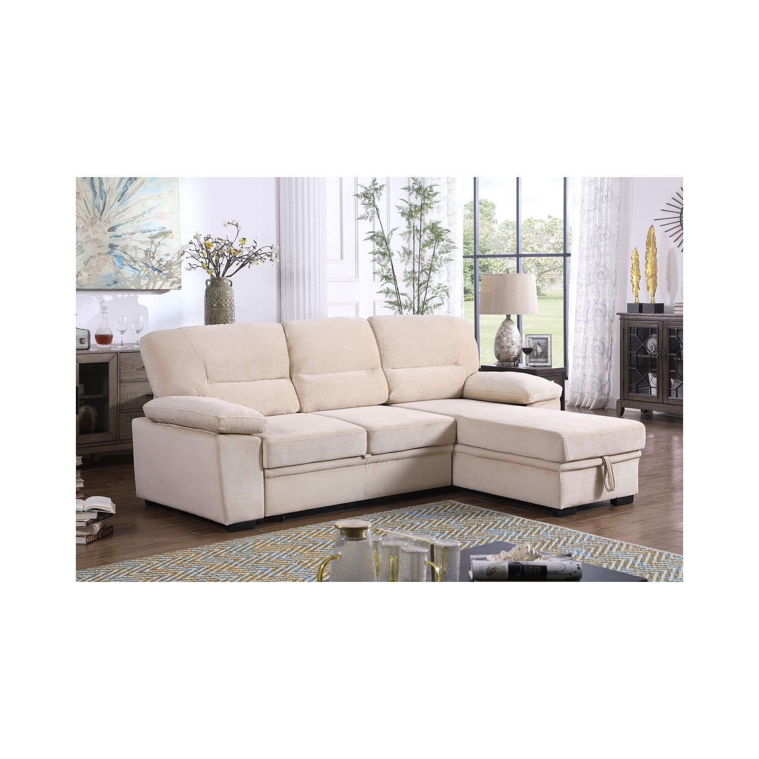 Kipling Beige Velvet Fabric Reversible Sleeper Sectional Sofa Chaise ... within Understanding the Versatility of a Reversible Chaise Sleeper Sofa