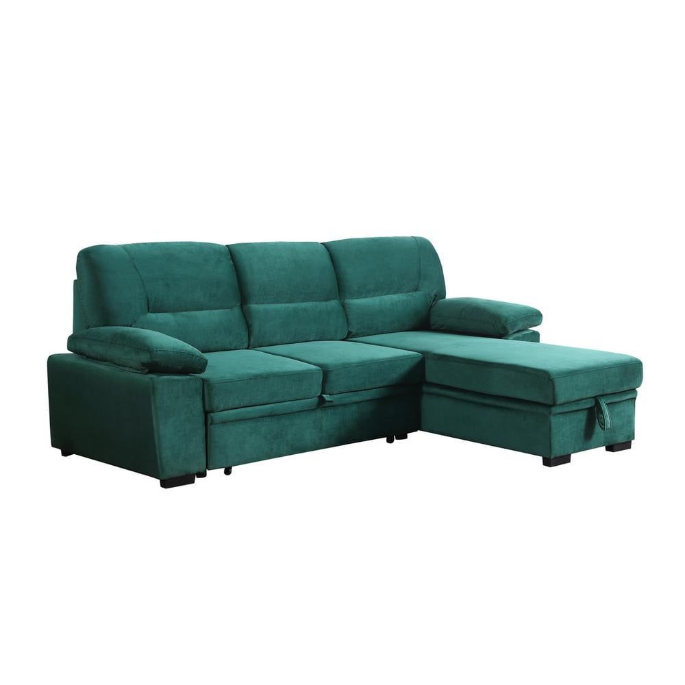 Kipling Green Velvet Fabric Reversible Sleeper Sectional Sofa Chaise ... for Kipling Beige Woven Fabric Reversible Sleeper Sectional Sofa Chaise
