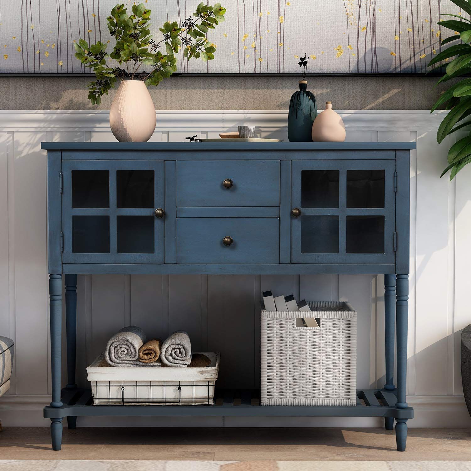 Knocbel 42 Inch Antique Console Table With Glass Doors, Drawers And ... inside Practical Storage Solutions for Living Spaces Using Console Tables with Drawers