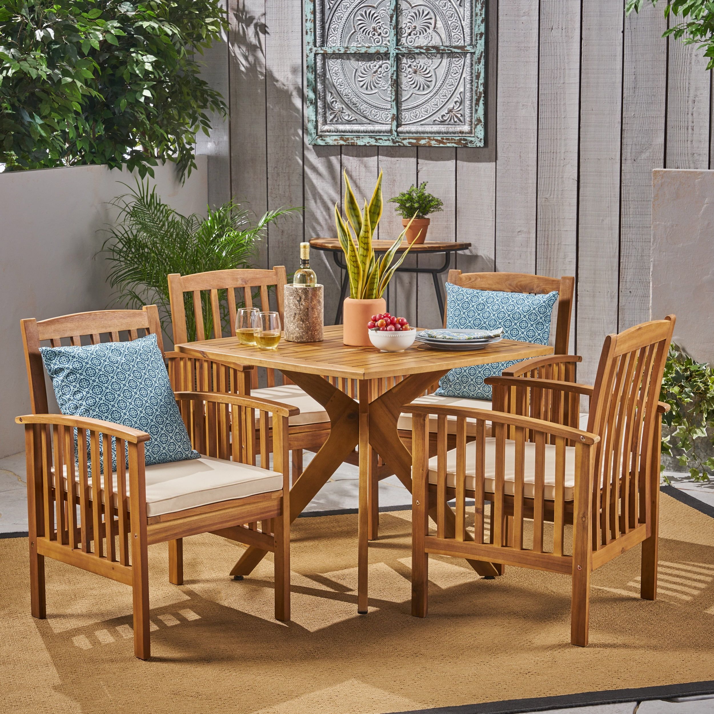 Landen Outdoor 5 Piece Acacia Wood Dining Set With Cushions And 36 Inch ... for Creating Comfortable Outdoor Spaces with Thoughtful Furniture Selection