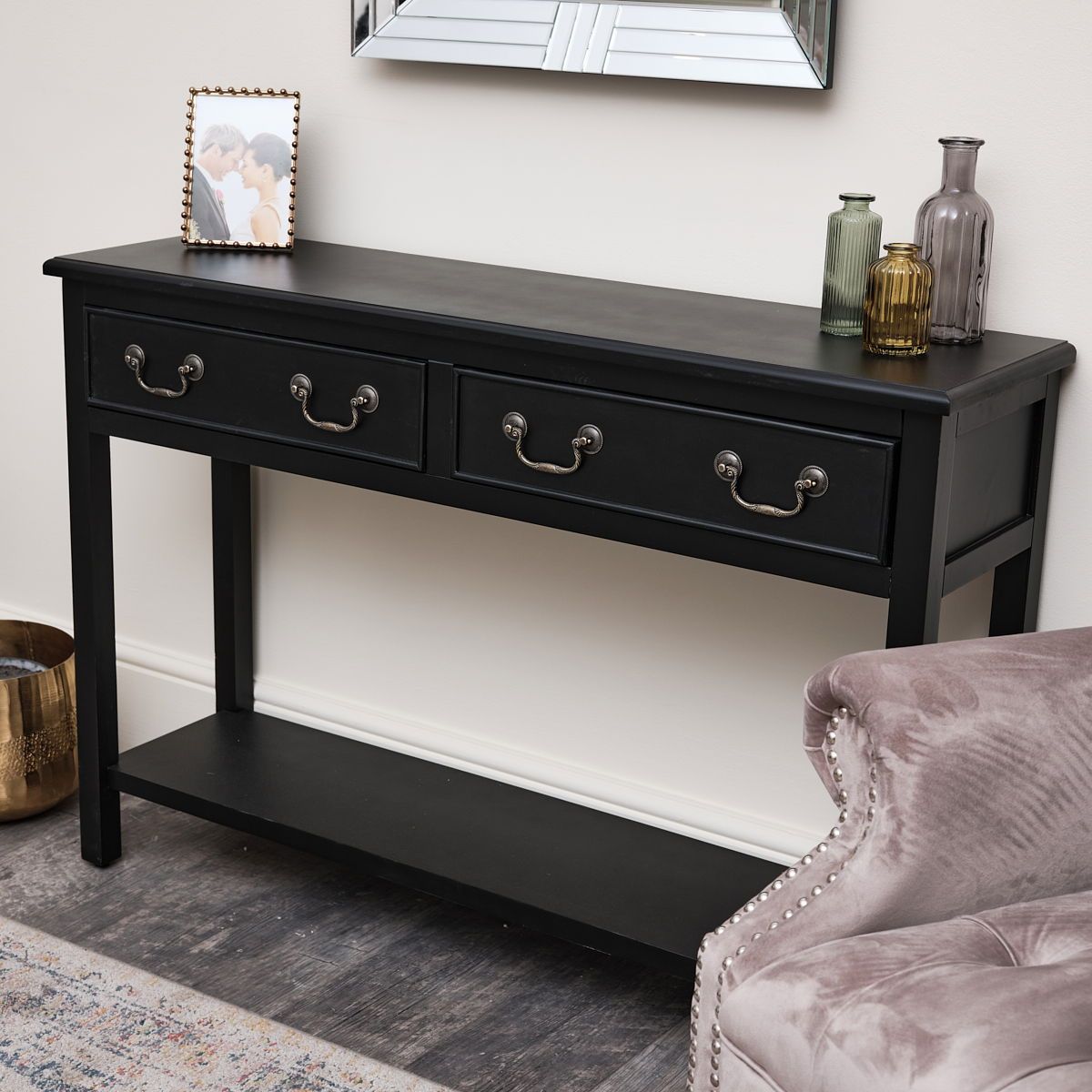 Large Black 2 Drawer Console Table with Hector 3 Drawer Console Table Black