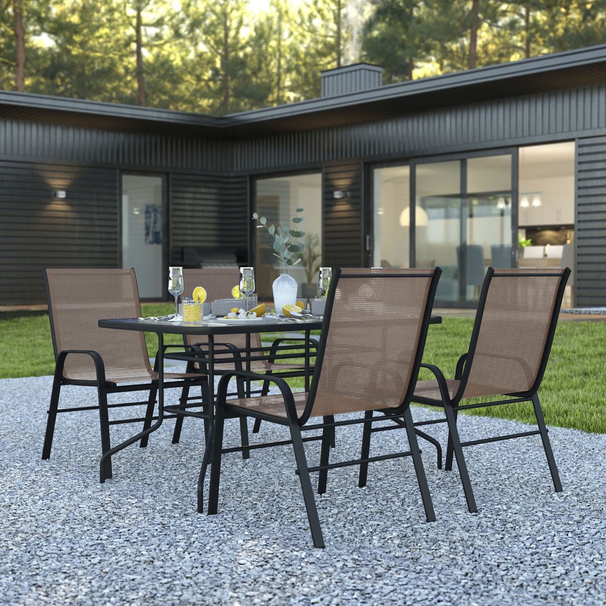 Lark Manor™ Elgin Patio Dining Set With Glass Table And Flex Stack ... throughout How to Choose the Right Patio Furniture for Your Home Entertainment Area