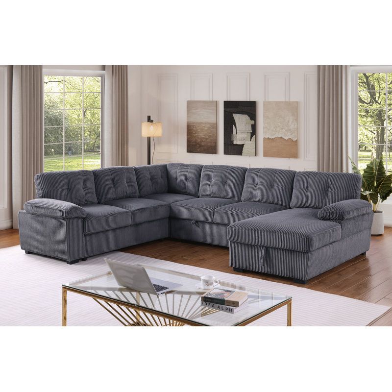 Latitude Run® Eugene 4 Piece Upholstered Corduroy Sleeper Sectional Sofa With Storage Chaise ... with regard to Ruxley 123"W Corduroy Sleeper Sectional Sofa With Storage Chaise, Gray