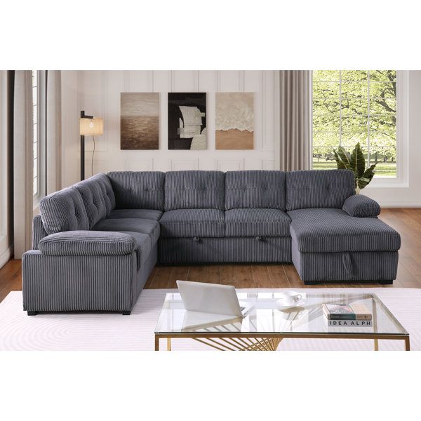 Latitude Run® Eugene 4 Piece Upholstered Corduroy Sleeper Sectional Sofa With Storage Chaise ... within Ruxley 123"W Corduroy Sleeper Sectional Sofa With Storage Chaise, Gray