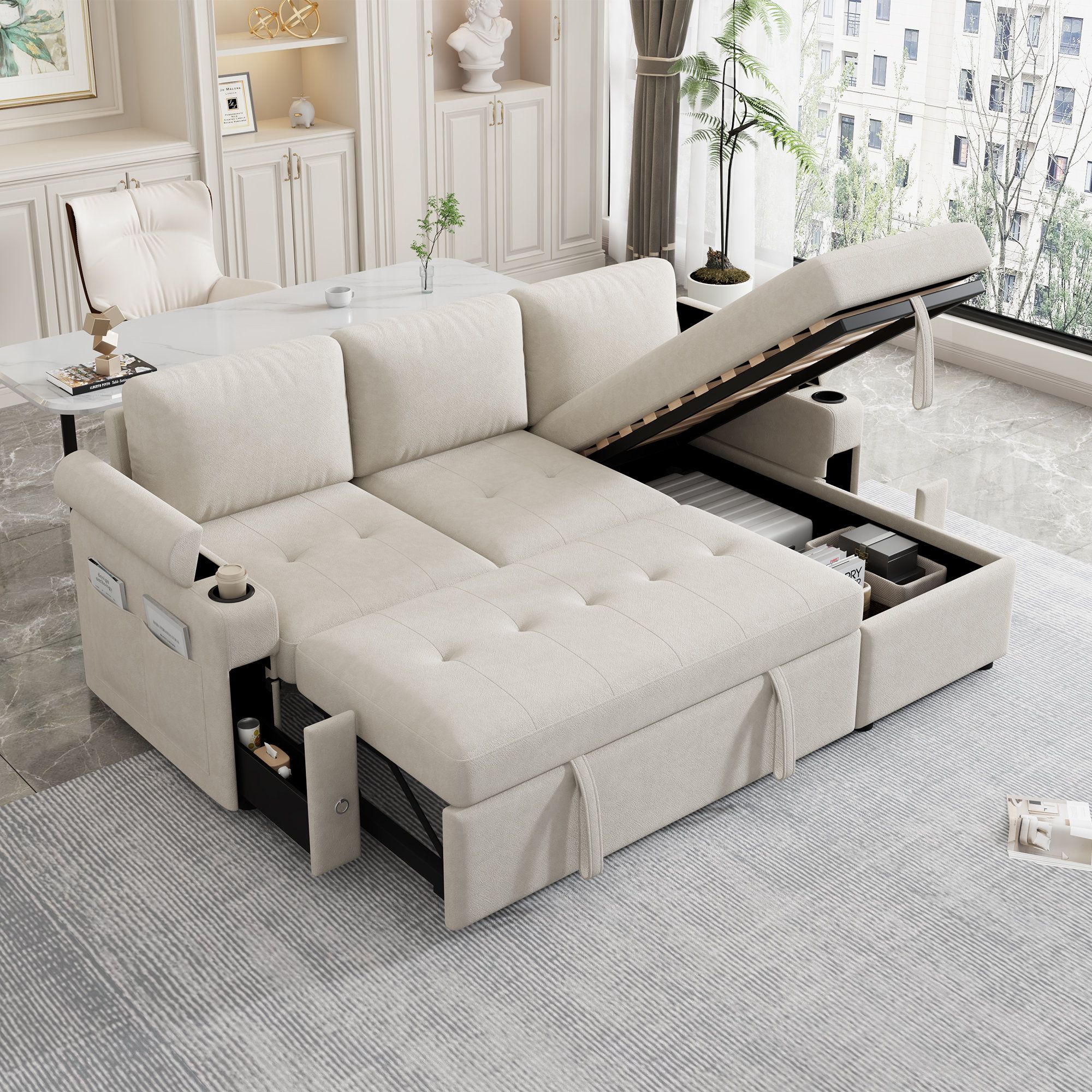 Latitude Run® Matthias Convertible Chenille Sofa Bed With Storage & Usb ... with regard to Convertible Chenille Sofa Bed With Accent Stitching And Hidden Storage, Beige