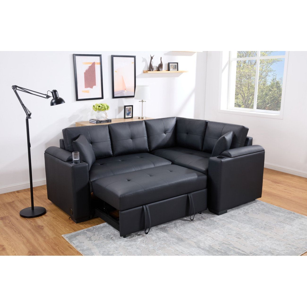 Latitude Run® Modern Sofa Donovan 84.5"W Black Pvc Fabric Sleeper ... intended for Donovan 84.5"W Black Pvc Fabric Sleeper Sectional With Usb Charger, Cupholders