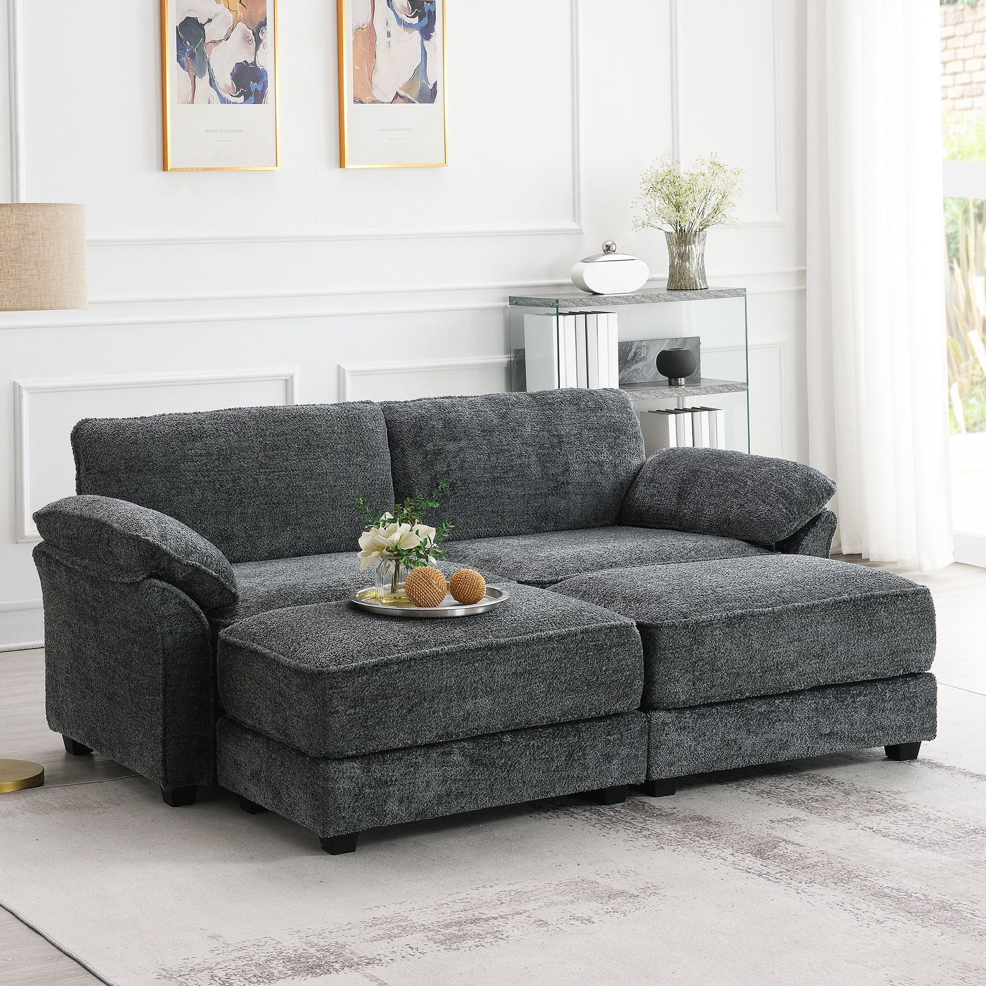 Latitude Run® Modular Convertible Chenille Sectional Sofa Bed, Loveseat ... throughout Convertible Chenille Loveseat With Firm Cushions, Storage And Pillow Set, Gray