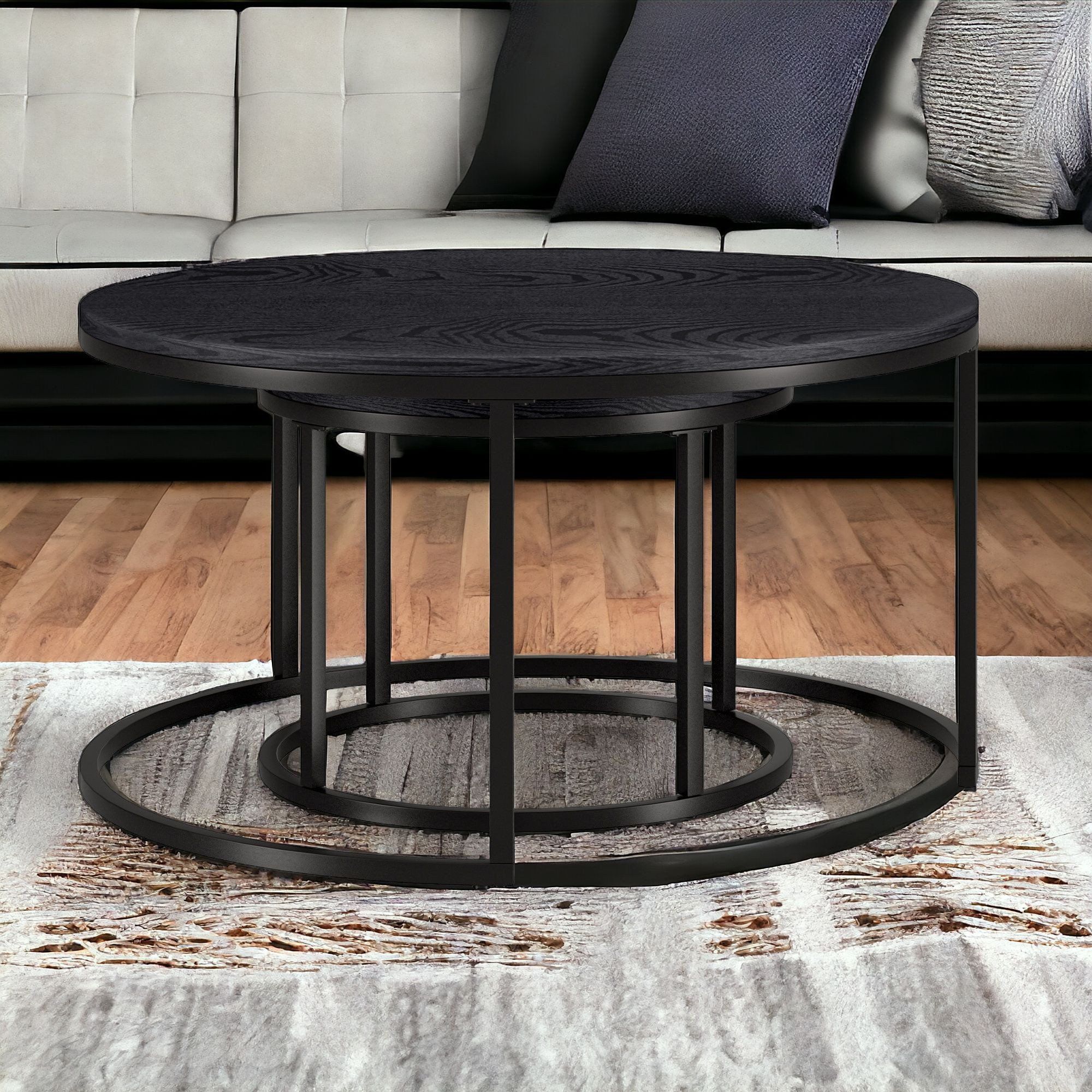 Latitude Run® (Set Of Two) 35" Black Steel Round Nested Coffee Tables ... regarding Set Of Two Black Wood And Steel Round Frame Nested Coffee Tables