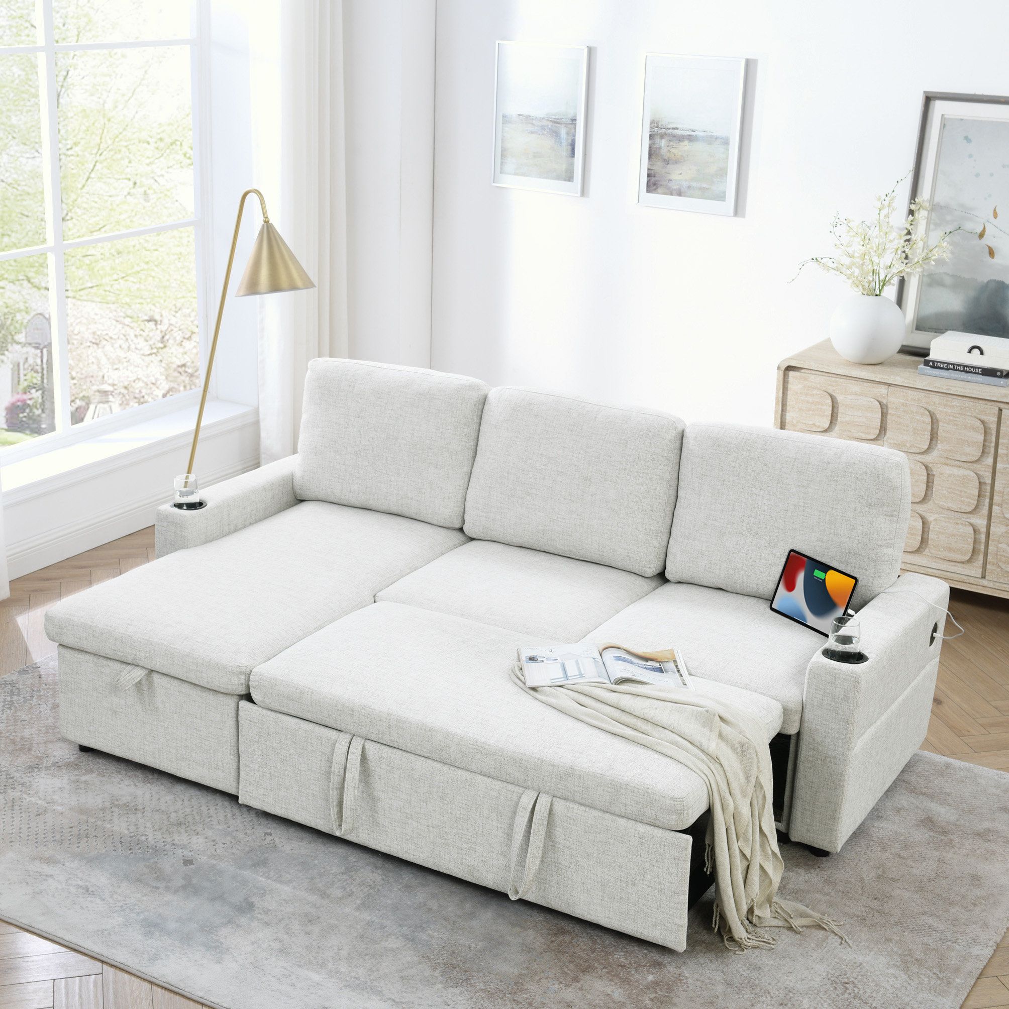 Latitude Run® Upholstered Sleeper Sectional Sofa | Wayfair throughout Upholstered Sleeper Sectional Sofa With 4 Pillows, Camel