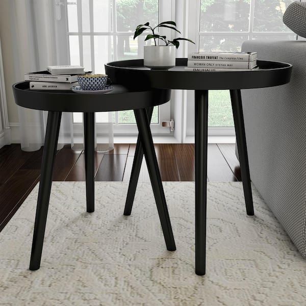 Lavish Home Wooden Nesting Round Tray Top Matte Black Side Tables (Set ... inside Lavish Home Pair Nesting Accent Tables With Tray Top, Black