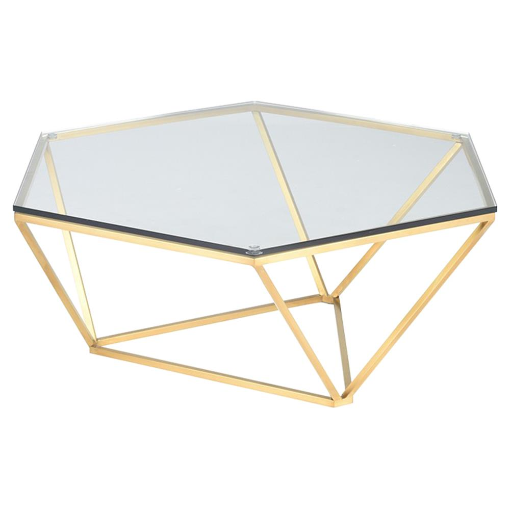 Leah Hollywood Regency Hexagon Glass Top Gold Geometric Base Oval ... in Hexagon Coffee Table, Brushed Gold, 2 Piece