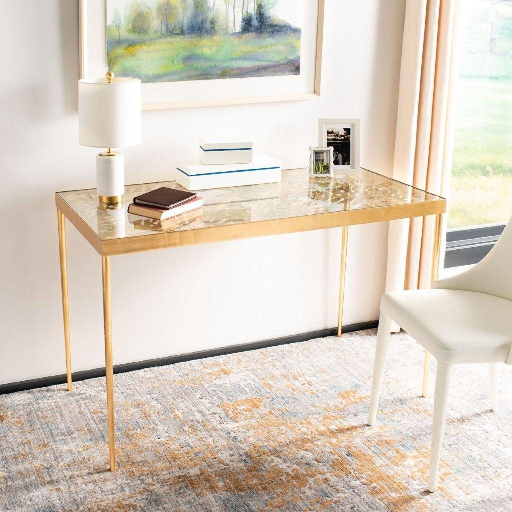 Leilani Gold And Glass Palm Leaf Home Office Set By Safavieh | 1Stopbedrooms with regard to The Art of Accessorizing with the Leilani Palm Leaf Console Table Gold and Glass Edition