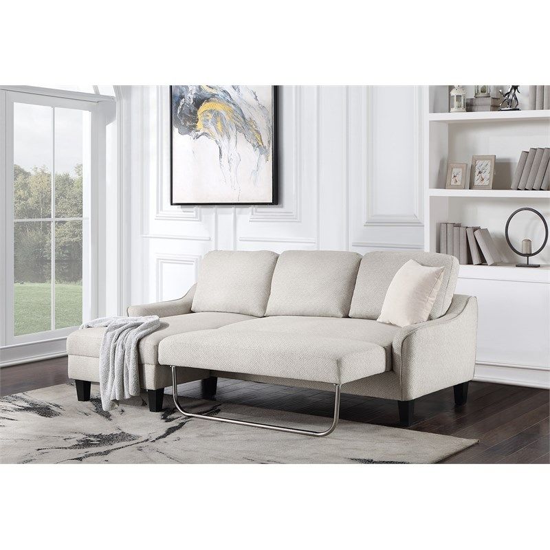 Lester Sofa With Chaise And Twin Sleeper In Cement Gray Fabric With Black Legs | Homesquare within Maximizing Your Space with a Blue Fabric Lester Sofa Featuring a Twin Sleeper