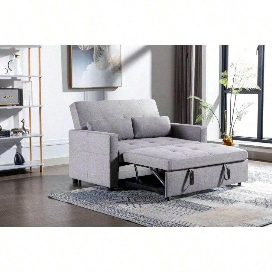 Light Grey Linen Fabric 3-In-1 Convertible Sleeper Loveseat With Side ... throughout Bowery Hill Dark Gray Linen Fabric Convertible Sleeper Loveseat With Side Pocket