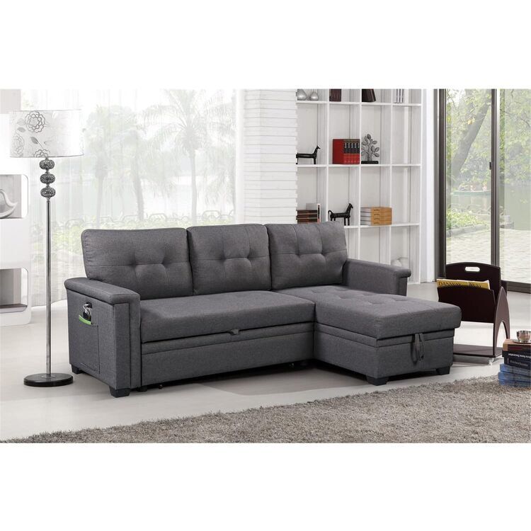 Lilola Home Ashlyn Reversible Sleeper Sectional Sofa With Storage ... in Ashlyn Dark Gray Reversible Sleeper Sectional Sofa With Storage Chaise, Usb...