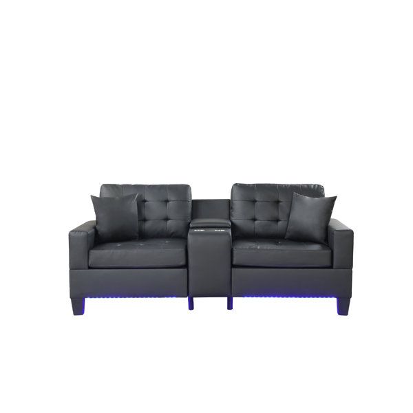 Lilola Home Genesis 85"W Black Pvc Fabric Sofa With Led Lights, Usb ... with Donovan 84.5"W Black Pvc Fabric Sleeper Sectional With Usb Charger, Cupholders