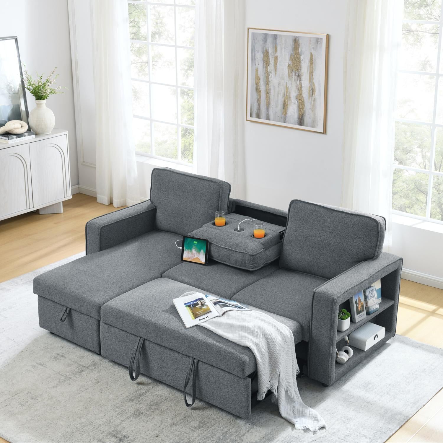 Linen Upholstered Sleeper Sectional Sofa,Pull Out Sleep Couch Bed ... pertaining to Everything You Need to Know About Selecting Quality Gray Sleeper Sectional Sofas for Home Use