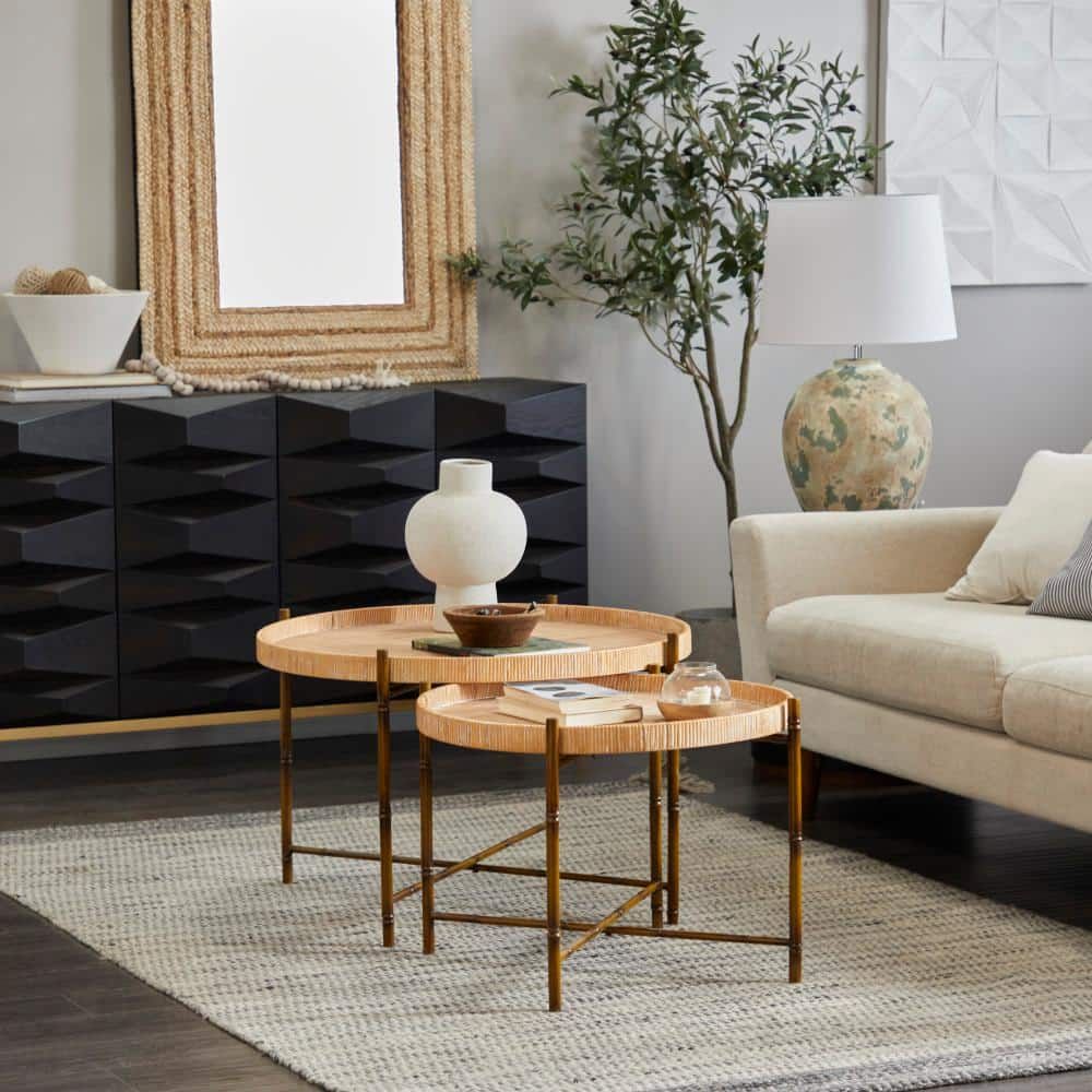 Litton Lane 32 In. Brown Round Manufactured Wood Nesting End Table With ... for Miles Black Metal With Light Wood Nesting End/Side Table